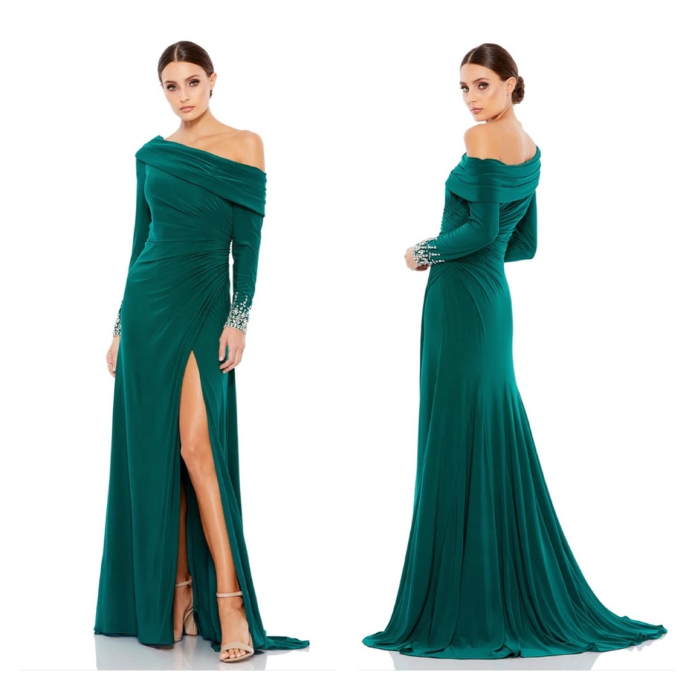 Mac Duggal Teal Off-Shoulder Long Sleeve Evening Gown